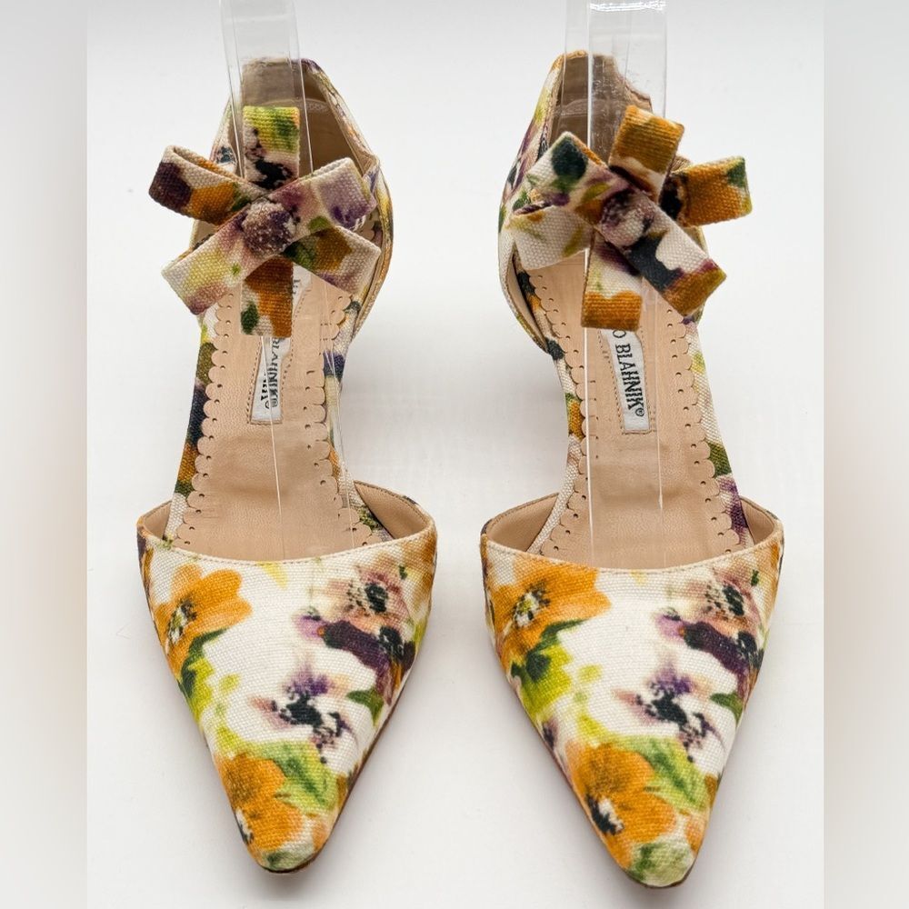 Manolo Blahnik Vintage Floral Canvas Slingback Kitten Heel Pumps EU 37.5 US 7.5 - Picture 11 of 14